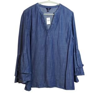 GAP Denim Tiered Bell Sleeve Medium Indigo Lyocell Top Western Boho Size XL